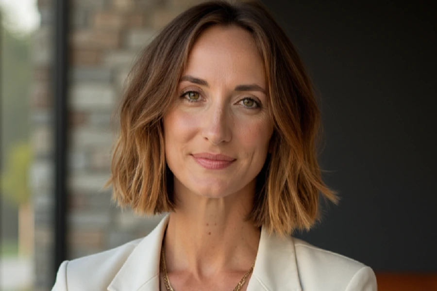 young woman with short hair in white blazer smiling